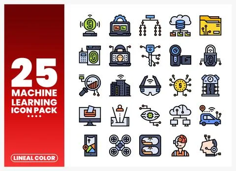 Machine Learning Icon Pack with lineal color icons. AI. data. technology. a.. Stock Illustration