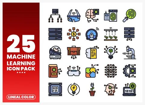Machine Learning Icon Pack with lineal color elements in a grid layout Stock Illustration