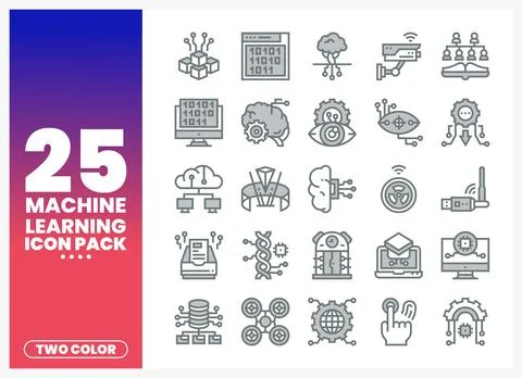 Machine Learning Icon Pack Set with Technology Symbols Stock Illustration