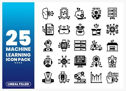 Machine learning icon pack showcasing artificial intelligence and data proc.. Stock Illustration