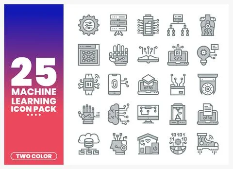 Machine Learning Icon Pack showing vector graphics with AI. tech. and data .. Stockillustratie