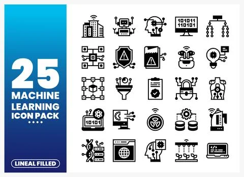 Machine learning icon pack for technology and AI solutions. Stock Illustration