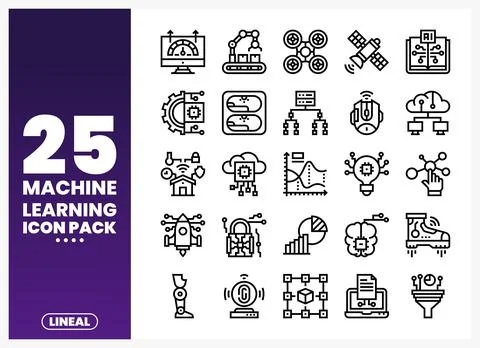 Machine learning icon pack with technology. AI. and data symbols. Line art .. Stock Illustration