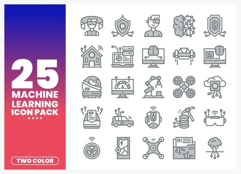 Machine Learning Icon Pack Technology. AI. and Robotics Symbols Stock Illustration