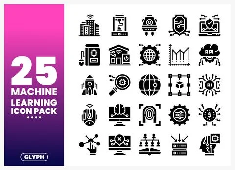Machine Learning Icon Pack technology. data. and AI symbols. Stock Illustration