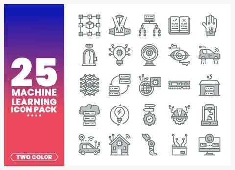 Machine Learning Icon Pack with Two-Color Graphics Stock Illustration