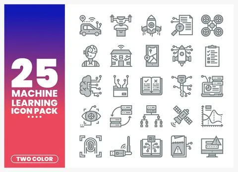 Machine learning icon pack with two-color symbols for technology and innova.. Stock Illustration