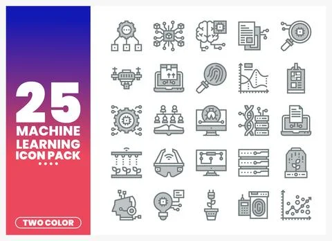 Machine learning icon pack with two-color graphics on a gradient background.. Stock Illustration