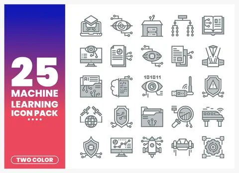 Machine Learning Icon Pack with Two Color Design Stock Illustration