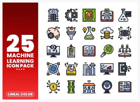 Machine Learning Icon Pack with various AI and data science symbols Stock Illustration