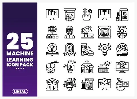 Machine Learning Icon Pack with various technology illustrations. Stock Illustration
