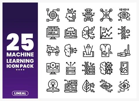 Machine Learning Icon Pack with Vector Symbols and Technology Icons Stock Illustration