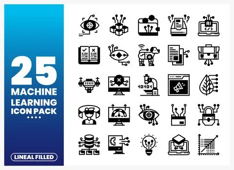 Machine learning icon pack on white background showcasing AI and data concept Stock Illustration