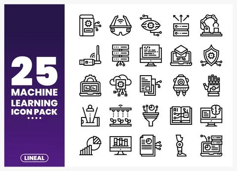 Machine learning icon pack on white background with purple gradient Stock Illustration