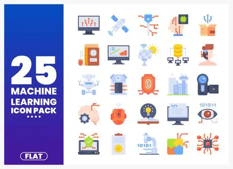 Machine learning icon pack on white background. Flat vector illustrations f.. Stock Illustration