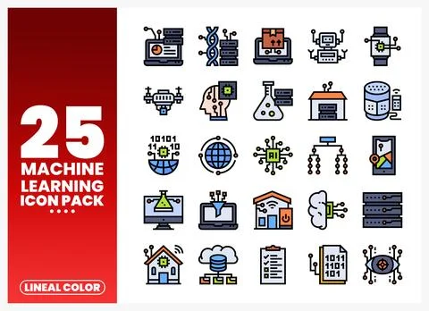 Machine learning icon set with AI. robots. and data icons in lineal color s.. Stock Illustration