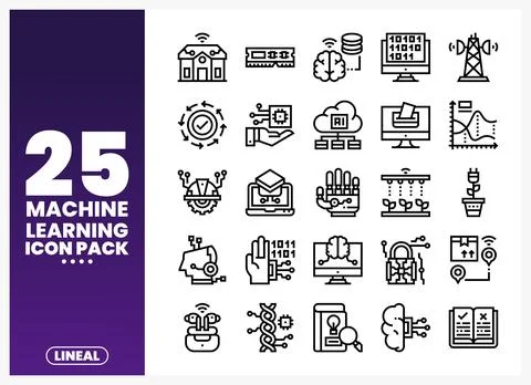 Machine learning icon set with digital technology concepts on a white backg.. Stock Illustration