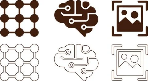 Machine Learning Icon Set, Neural Network Grid AI Brain Circuit and Image R.. Illustrazione stock