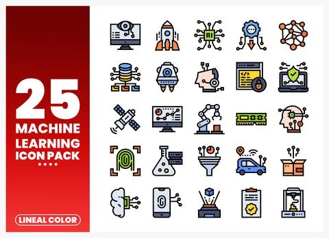Machine learning icon set with technology symbols on white background Stock Illustration