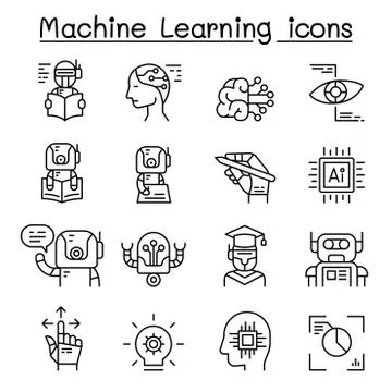 Machine learning icon set in thin line style Illustrazione stock