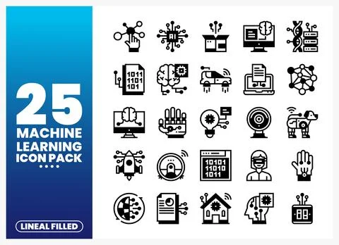 Machine Learning Icons AI Brain. Robot Dog. Self-Driving Car. Binary Code Illustrazione stock