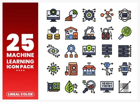 Machine Learning Icons - AI. Data. Technology. and Innovation. Stock Illustration