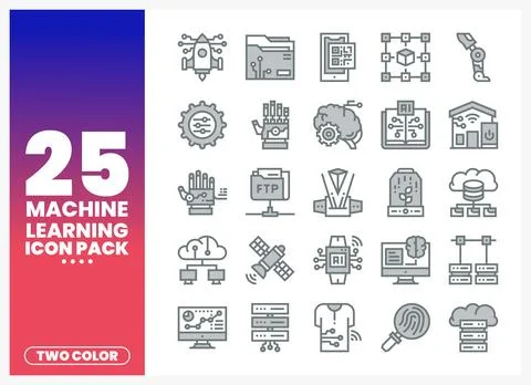 Machine learning icons with AI. data. robotics. and cloud concepts on a whi.. Stock Illustration