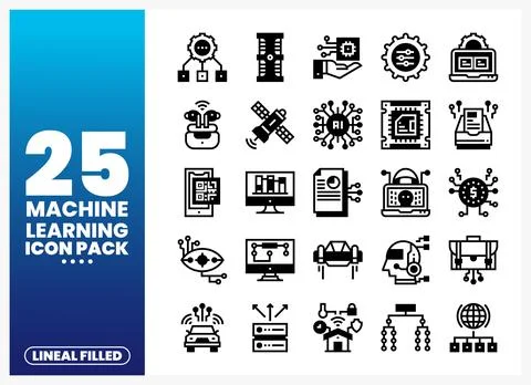 Machine learning icons with AI. data. and technology concepts. Stock Illustration