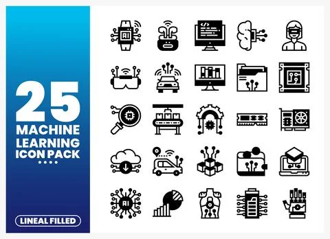 Machine learning icons arrayed in grid layout on blue background Ilustración de archivo
