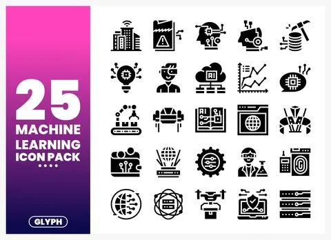 Machine Learning Icons in Black Glyph Style on White 库存插图