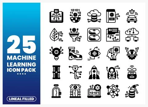 Machine learning icons in a clean. lineal filled style on a blue gradient b.. Stock Illustration