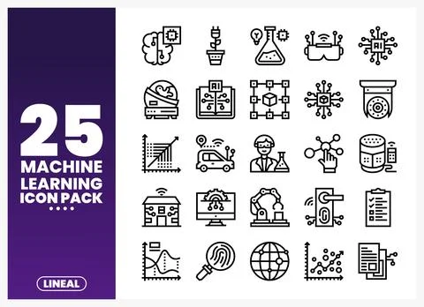 Machine Learning Icons in a clean. linear style on a purple gradient backgrou Stock Illustration