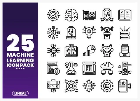 Machine learning icons in a clean. linear style on a gradient background. V.. Stock Illustration