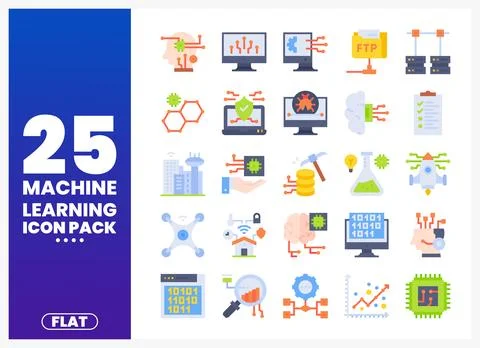 Machine learning icons collection with AI brain. data and technology symbol.. Stock Illustration