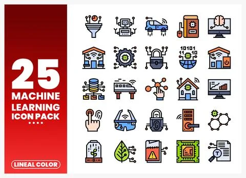 Machine learning icons in a colorful pack on a white background Stock Illustration
