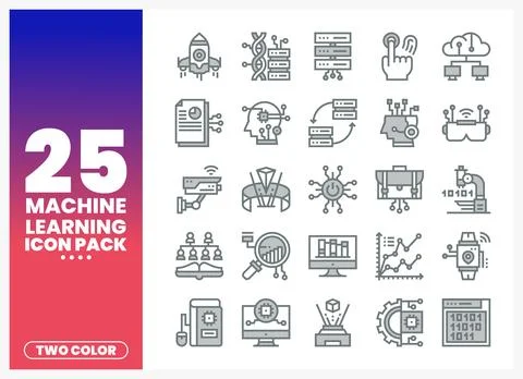 Machine learning icons with data. AI. and technology elements on a gradient.. 库存插图