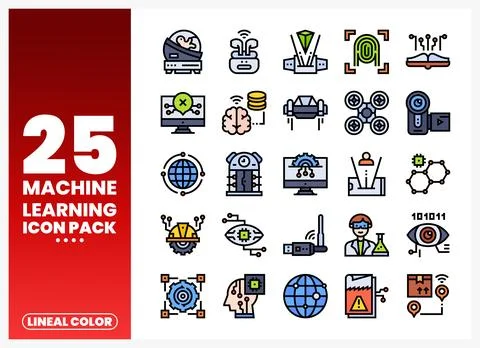 Machine Learning Icons with Data and AI Visuals on White Stock Illustration