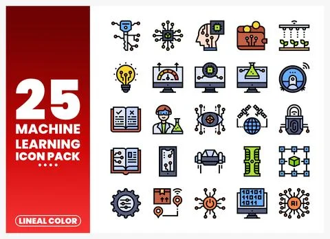 Machine learning icons. data science. technology. innovation. digital. rese.. Stock Illustration