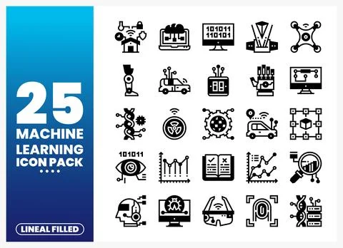 Machine learning icons depicting technology and data in a graphic pack. 스톡 일러스트