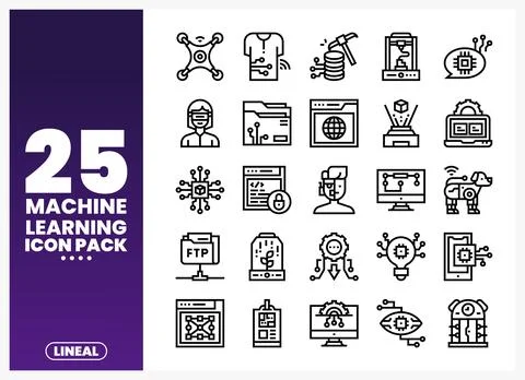 Machine Learning Icons Featuring Technology and AI Concepts Stock Illustration
