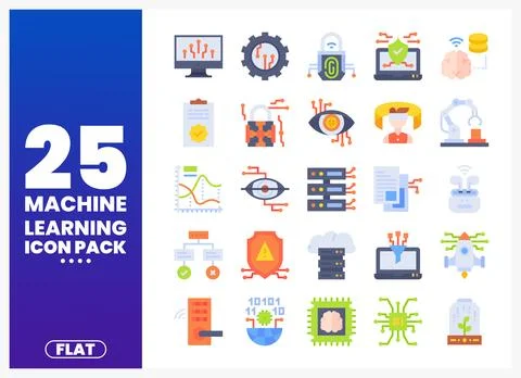 Machine learning icons flat design pack with AI and data elements Stock Illustration