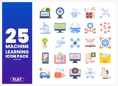 Machine Learning Icons in Flat Style for Digital Concepts Иллюстрация