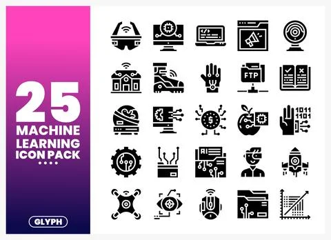 Machine learning icons in a glyph pack on a gradient background Stock Illustration