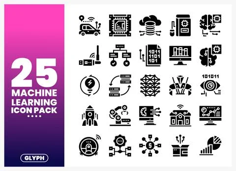 Machine learning icons glyph pack on white background Stock Illustration