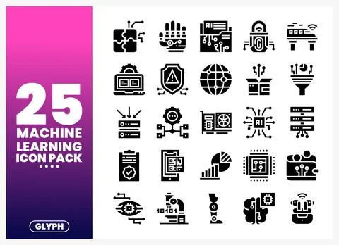 Machine learning icons. glyph set. on gradient background 库存插图