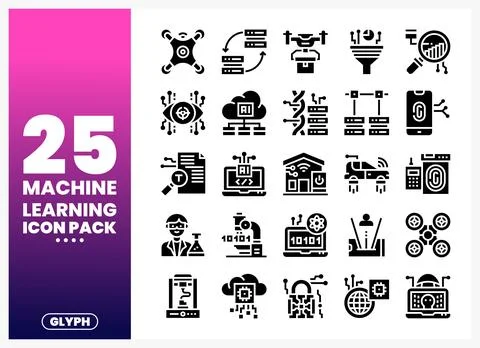Machine learning icons in glyph style on a white background 스톡 일러스트