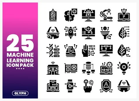 Machine Learning Icons in Glyph Style on White Background Stock Illustration