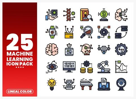 Machine learning icons illustrating innovation and technology on a white ba.. Stock Illustration