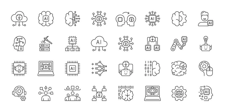 Machine Learning icons in line design. machine, learning, ai, neural, algorithm Stock Illustration