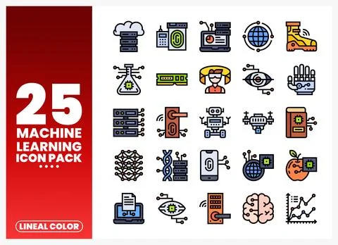 Machine learning icons in lineal color style on a white background Stock-Illustration